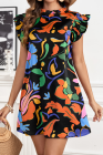 Black Abstract Floral Print Flutter Sleeve Shift Mini Dress