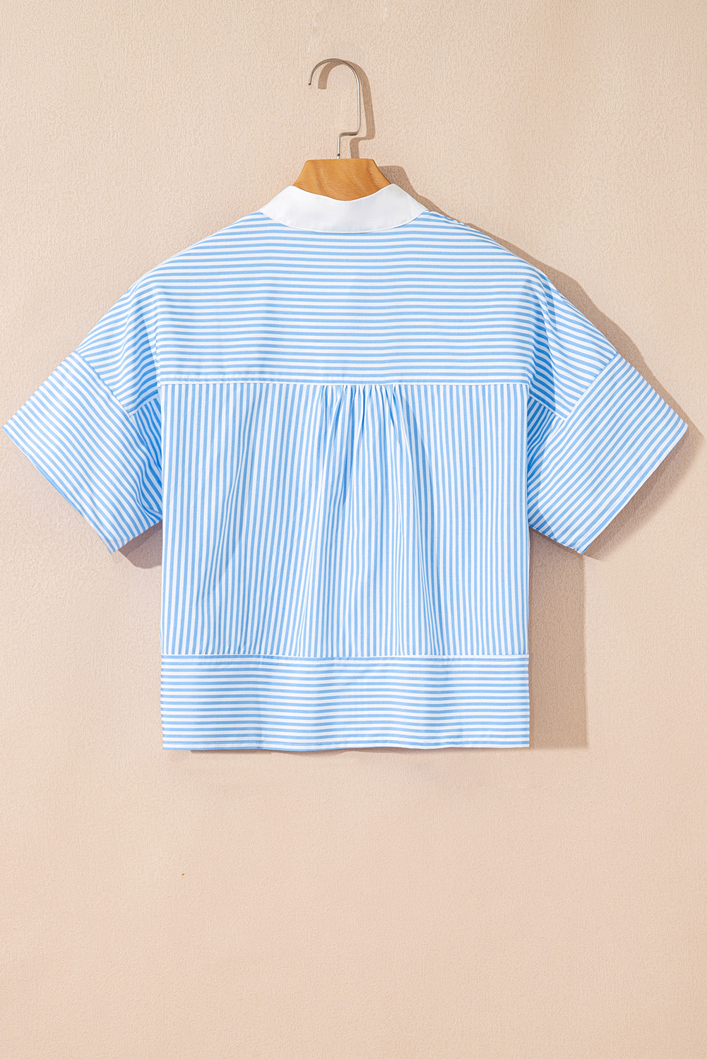 Sky Blue Stripe Contrast Collar Patchwork Hidden Button Short Sleeve Summer Shirt