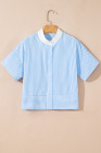 Sky Blue Stripe Contrast Collar Patchwork Hidden Button Short Sleeve Summer Shirt