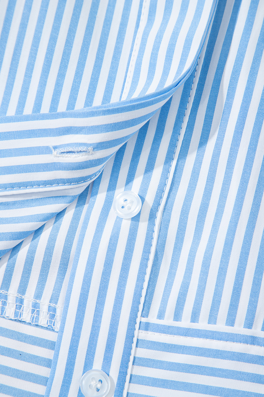 Sky Blue Stripe Contrast Collar Patchwork Hidden Button Short Sleeve Summer Shirt