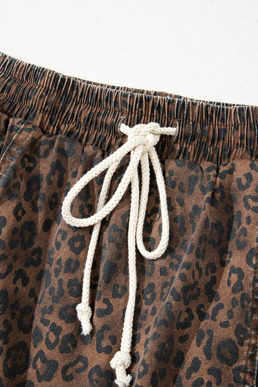 Brown Leopard Print Elastic Waistband Drawstring Denim Skort