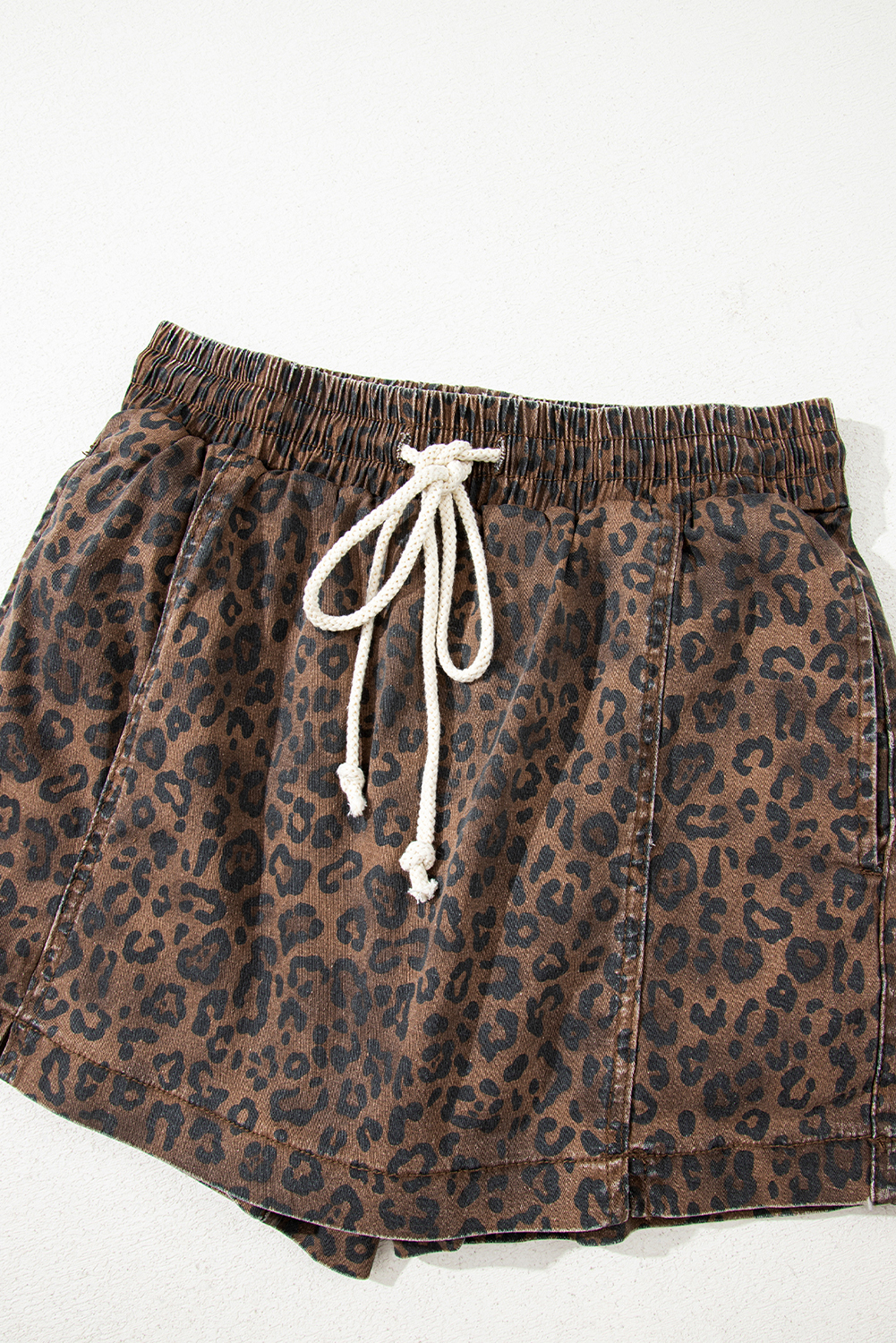 Brown Leopard Print Elastic Waistband Drawstring Denim Skort