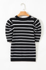 White Stripe Ribbed Trim Round Neck Bubble Sleeve Knitted Top