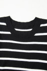 White Stripe Ribbed Trim Round Neck Bubble Sleeve Knitted Top