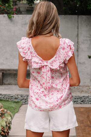 Pink Floral Ruffled Short Sleeve Bow Back Square Neck Blouse LC25132285-P1020