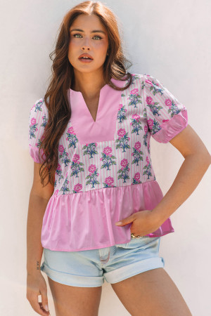 Rose Floral Striped Print Contrast Patchwork Ruffle Hem Blouse LC25132427-P620