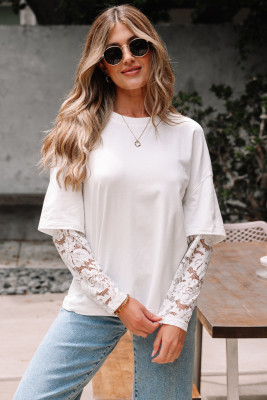 White Lace Long Sleeve Insert Drop Shoulder Tee LC25229181-P1