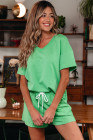 Mint Green V Neck Drop Shoulder Tee and Patchwork Drawstring Elastic Waistband Shorts Set