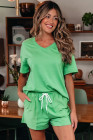 Mint Green V Neck Drop Shoulder Tee and Patchwork Drawstring Elastic Waistband Shorts Set