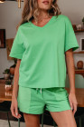 Mint Green V Neck Drop Shoulder Tee and Patchwork Drawstring Elastic Waistband Shorts Set