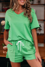 Mint Green V Neck Drop Shoulder Tee and Patchwork Drawstring Elastic Waistband Shorts Set