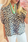 Khaki Leopard Color Block Contrast Striped V Neck Half Sleeve Loose Fit Blouse