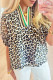 Khaki Leopard Color Block Contrast Striped V Neck Half Sleeve Loose Fit Blouse
