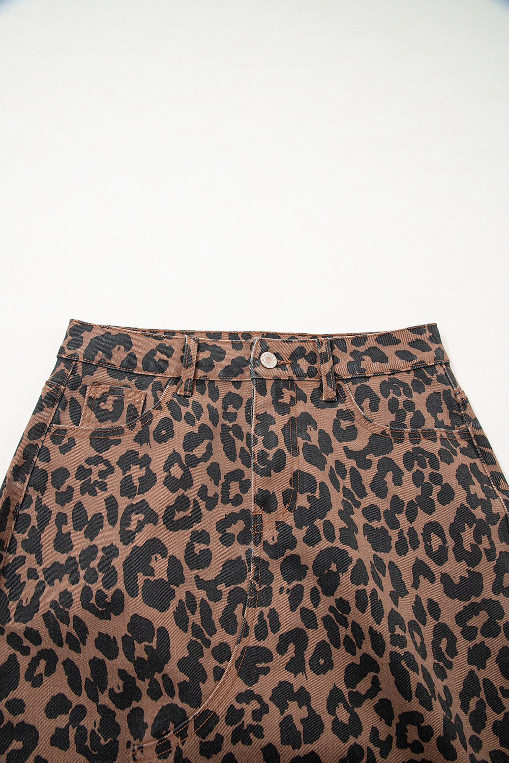 Brown Leopard Denim Frayed Split Denim Midi Skirt