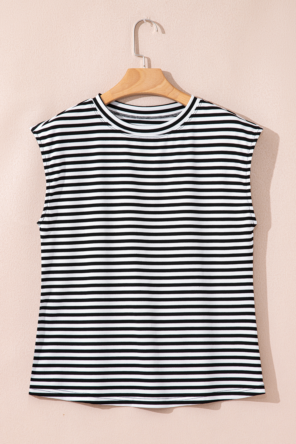 Black Stripe Ribbed Cap Sleeve Round Neck T Shirt