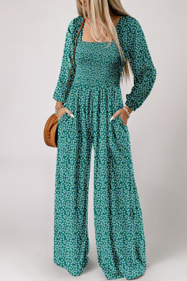 Green Floral Print Western Smocked Bodice Square Neck Wide Leg Jumpsuit LC6413602-P920