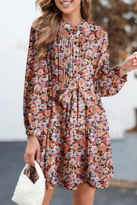 Multicolour Floral Print Long Sleeve Pleated Detail Bleted Mini Dress LC6121367-P2022