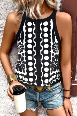 Black Abstract Dot Flower Print Tank Top LC25613400-P2