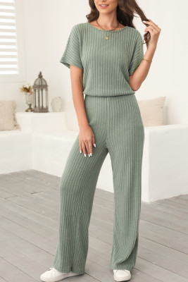 Laurel Green Ribbed Keyhole Short Sleeve Wide Leg Jumpsuit LC6412827-P1209