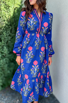 Blue Floral Print Striped Trim Split Neck Long Sleeve Ruffle Hem Midi Dress LC6125698-P520