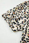 Khaki Leopard Color Block Contrast Striped V Neck Half Sleeve Loose Fit Blouse