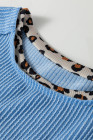 Sky Blue Leopard Patchwork Corded Knit Crew Neck T Shirt
