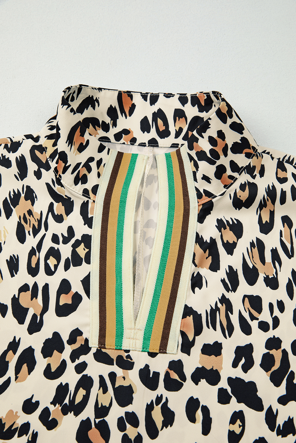 Khaki Leopard Color Block Contrast Striped V Neck Half Sleeve Loose Fit Blouse