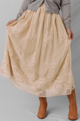 Oatmeal Embroidered Mesh Overlay Flowy Long Skirt LC7211297-P1015