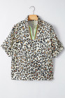 Khaki Leopard Color Block Contrast Striped V Neck Half Sleeve Loose Fit Blouse