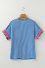 Sky Blue Leopard Patchwork Corded Knit Crew Neck T Shirt