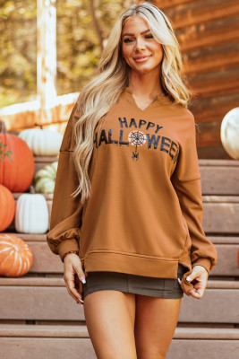 Chestnut Sequin Happy Halloween Graphic Notched Neck Long Sleeve Loose Top LC25128756-P2017