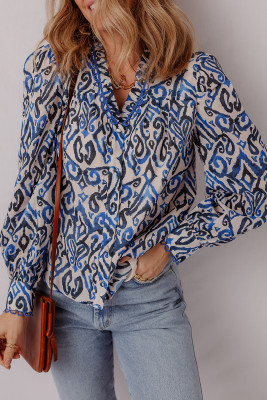 Blue Bohemian Print Embroidered V Neckline Detail Long Sleeve Shirt LC2556420-P520