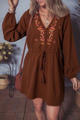 Burgundy Floral Embroidered Tassel Tie Waist Long Sleeve Mini Dress LC6125810-P503