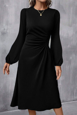 Black Solid Color Ruched Detail Long Sleeve Midi Dress LC6121611-P2
