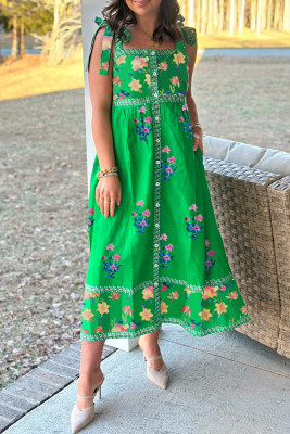 Green Floral Print Contrast Trim Knotted Straps Midi Dress LC6125471-P920