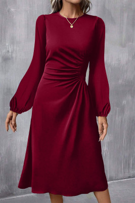 Burgundy Solid Color Ruched Detail Long Sleeve Midi Dress LC6121611-P503