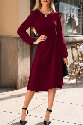 Burgundy Solid Color Ruched Detail Long Sleeve Midi Dress LC6121611-P503