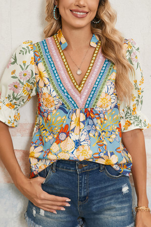 Multicolour Crochet V Neck Half Sleeve Boho Floral Blouse LC25129482-P22