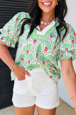 Green Floral Print Ricrac Trim Contrast V Neck Bubble Sleeve Summer Blouse DLM2513239336-P920