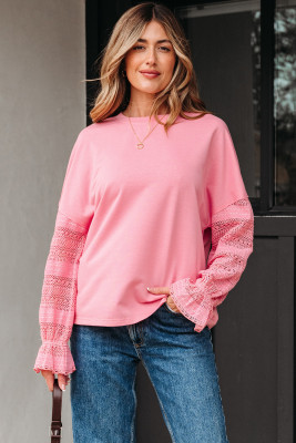 Sachet Pink Drop Shoulder Lace Ruffled Sleeve Patchwork Loose Sweatshirt LC25319534-P406