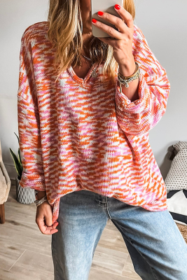 Orange Vibrant Abstract Print Drop Shoulder V Neck Tunic Oversized Sweater LC2726499-P1422
