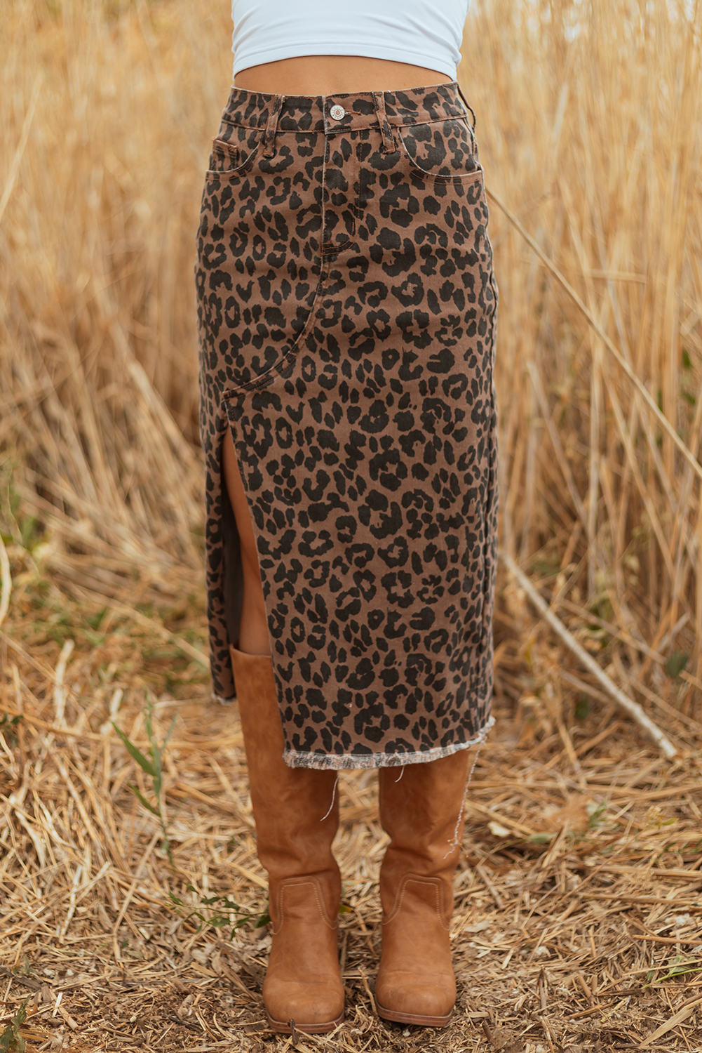 Brown Leopard Denim Frayed Split Denim Midi Skirt