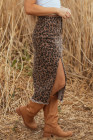 Brown Leopard Denim Frayed Split Denim Midi Skirt