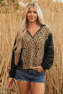 Brown Leopard Patchwork Contrast Stitching Knotted Cuff Quarter Zip Hoodie LC25319622-P1720