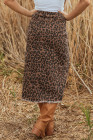 Brown Leopard Denim Frayed Split Denim Midi Skirt
