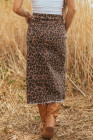 Brown Leopard Denim Frayed Split Denim Midi Skirt