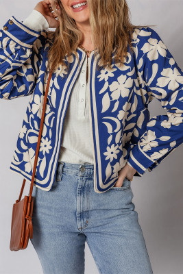 Blue Flower Print Open Front Buttoned Cuffs Elegant Jacket LC8513712-P520