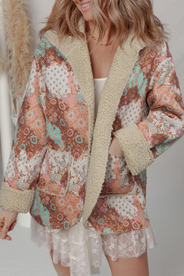Khaki Vintage Floral Printed Sherpa Lined Hooded Jacket LC8513372-P1620