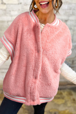 Gossamer Pink Varsity Striped Banding Patchwork Winter Plush Vest LC853562-P1710