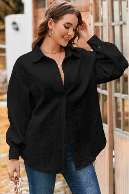 Black Cable Texture Puff Sleeve Loose Shacket LC2555155-P2